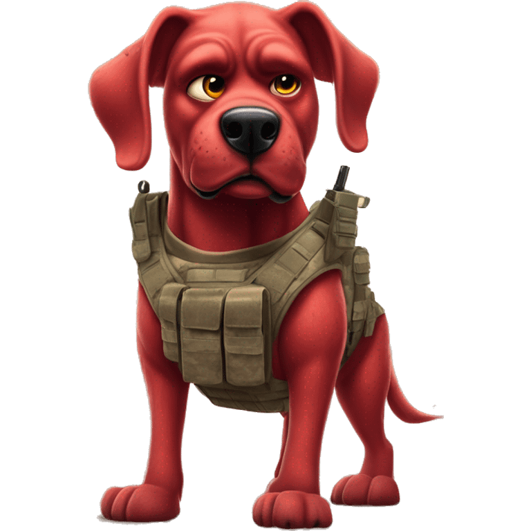 Desert storm humanoid Clifford the big red dog muscled with tattoos on arms book illustration as a military call of duty character standing alone emoji