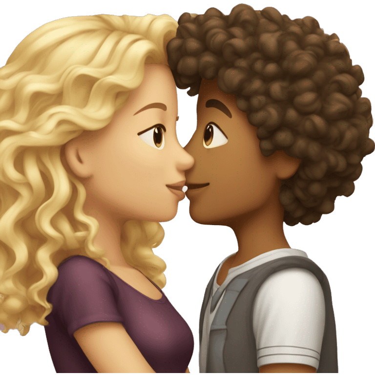 Curly head Hispanic boy kissing wavy hair blonde girl  emoji