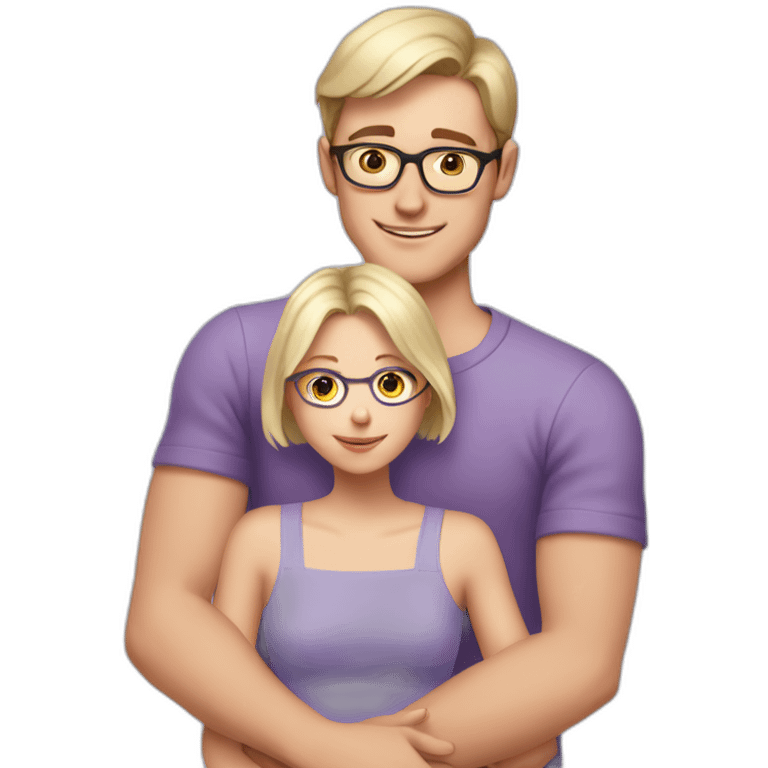  white boy with short brown hair and glasses hugs a blonde girl without glasses in a lavender top emoji