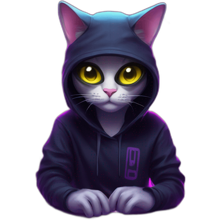 cat wearing a black hoodie with "OMG" letters on it and VR headset in a cyberpunk VR environment with violet neon lighting. emoji