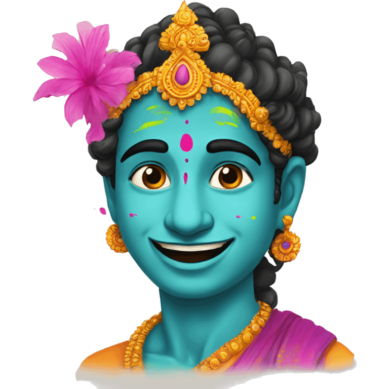 Krishna in holi with gulal on his face and mor pank on his head emoji