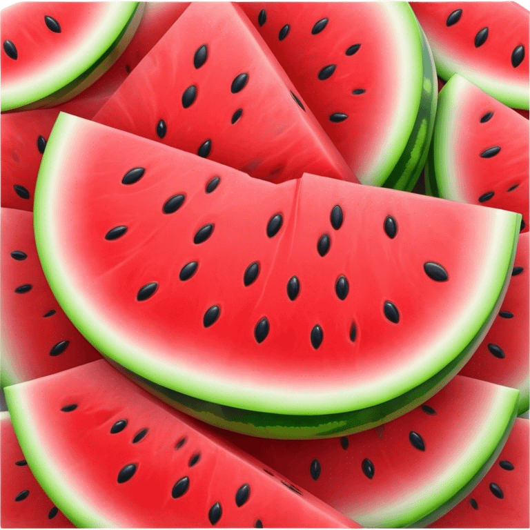 Cinematic juicy watermelon, thick slices revealing vibrant red interior, glossy and glistening with tiny black seeds, fresh and refreshing, soft glowing background, summer vibes. emoji