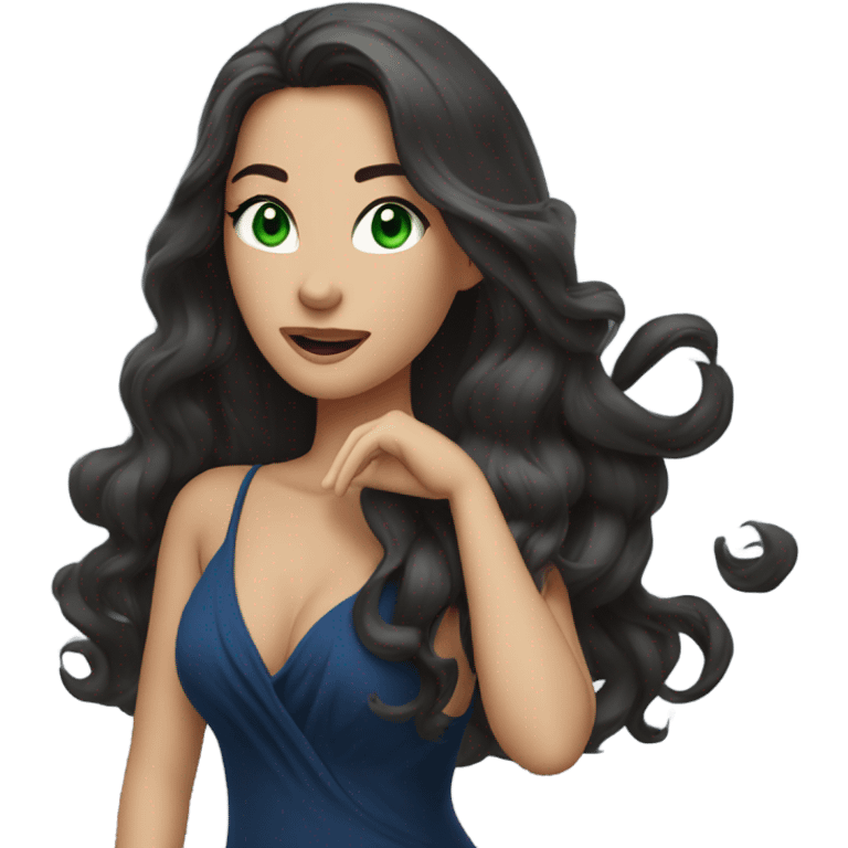 a brunette with long hair and green eyes and in a dark blue dress sends an air kiss emoji