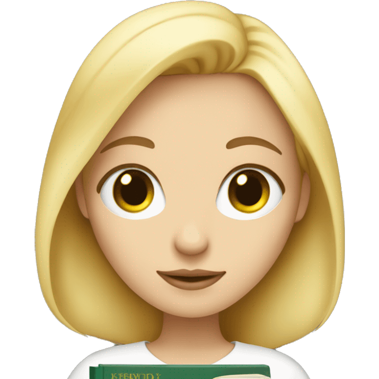 White skinned girl with green eyes and golden hair holding a book emoji