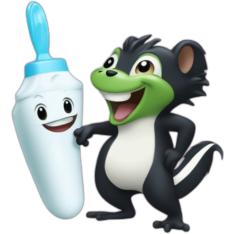 Skunk and frog laughing about toothpaste emoji