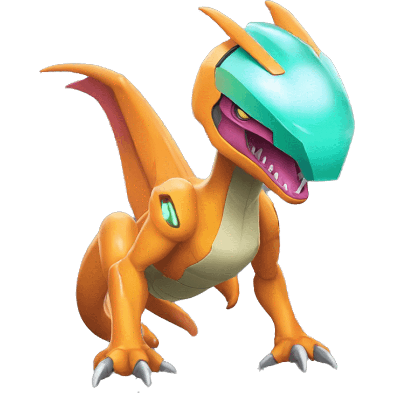 a shiny Genesect-Charizard-Raptor-Fakémon—hybrid with a futuristic visor-helmet full body emoji