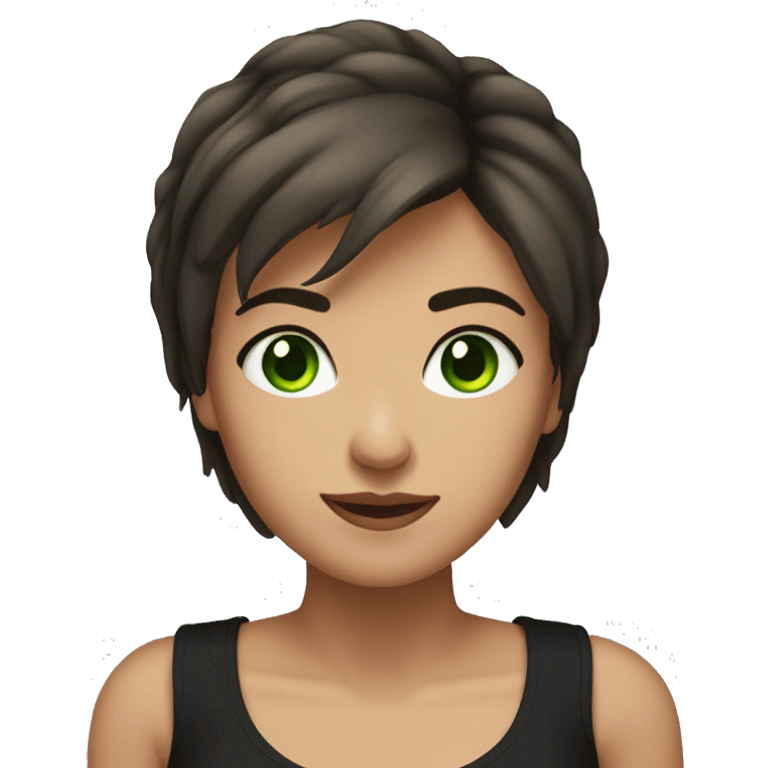 brune lady with short hair, face angle, green eyes with black tank top. emoji