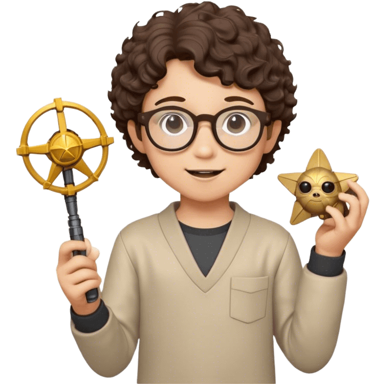 A young boy with short curly brown hair, round glasses, and a light complexion, joyfully holding a Star Wars action figure in his hand. emoji