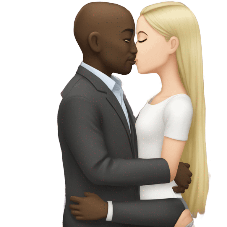 White girl dark hair kissing bald black man emoji