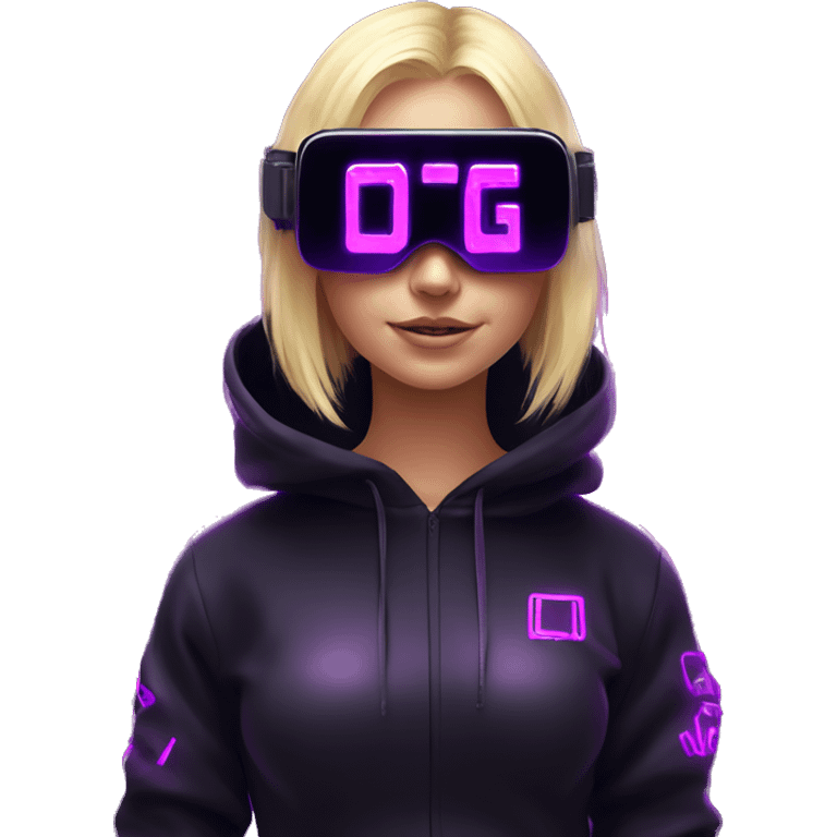 Russian cute blond girl wearing black hoody with violet letters "OMG", in vr headset. Cyberpunk style. Violet neon. emoji