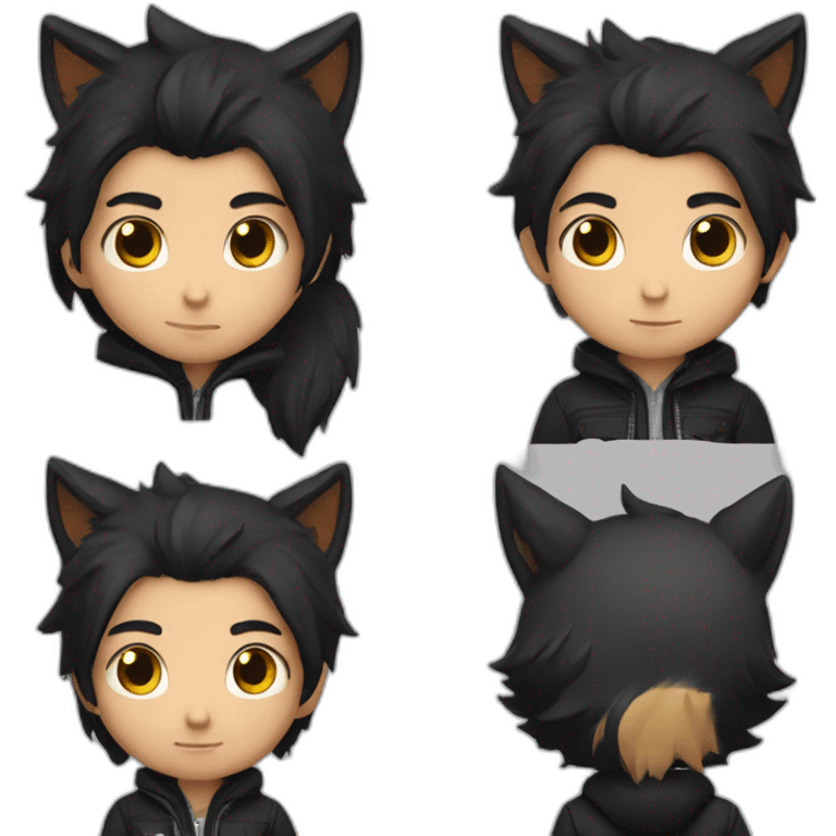 A boy with black hair, two with black fox ears, two black fox tails, who has a black jacket that says Eiden and who is hap emoji