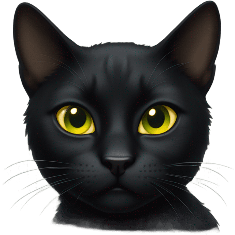 A black cat with tufts on his ears and yellow green eyes with an impudent face emoji