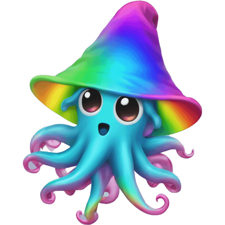 Kawaii Rainbow chrome squid wearing witch hat  emoji