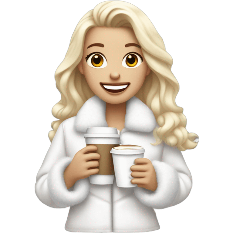 pretty blonde girl wearing white fluffy jacket and a coffee to go in hand all dress white and a white bow on hair emoji