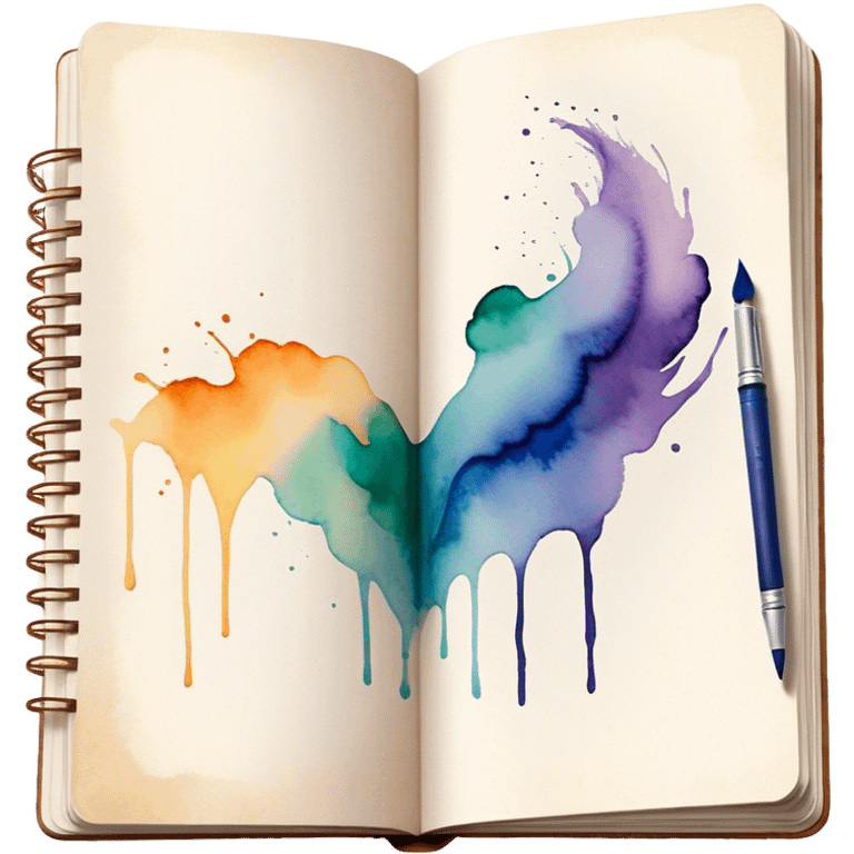 Cinematic Realistic image of an open sketchbook accompanied by a set of translucent watercolors, with delicate pigment stains and soft, flowing brushstrokes, captured under gentle, diffused lighting that highlights creative fluidity emoji