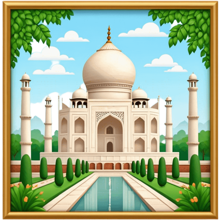 Cinematic Realistic Taj Mahal Landmark Emoji, depicted as the iconic marble mausoleum set amidst lush gardens rendered with intricate detail and ethereal, soft lighting. emoji