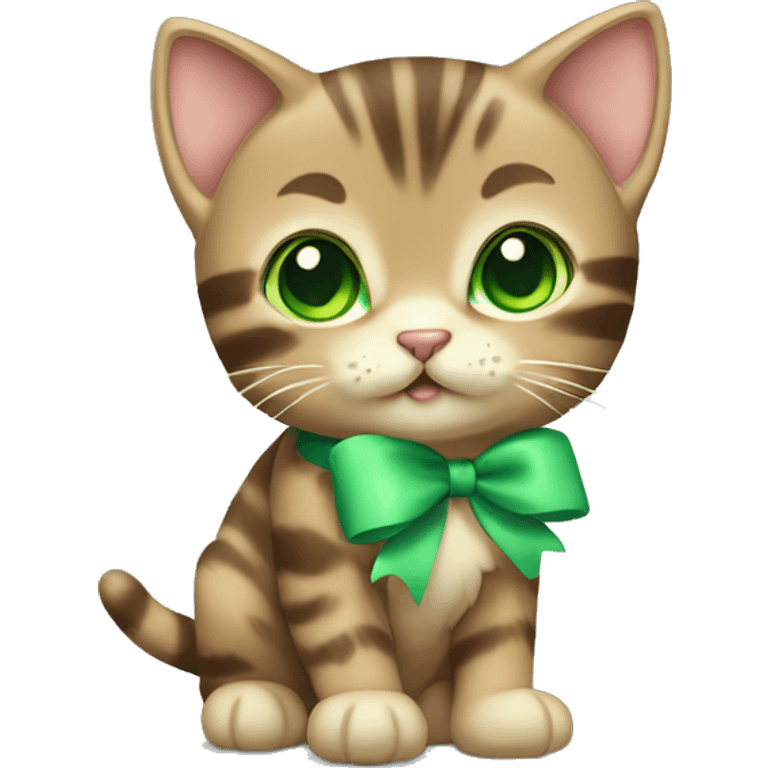 extremely cute kawaii brown tabby kitten with green eyes and pastel green bow full body emoji