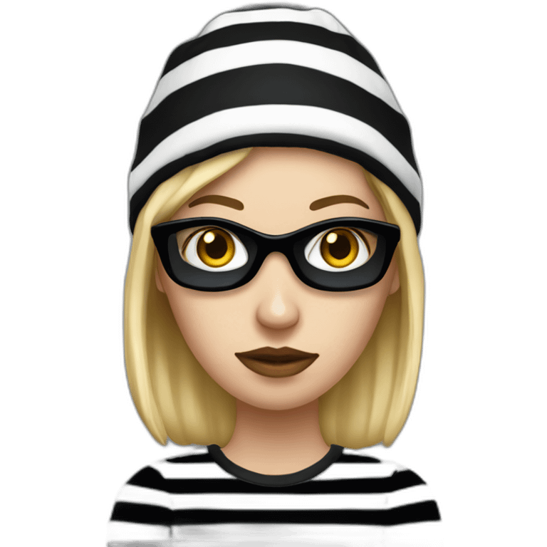 bank robber blonde woman with black beanie hat eye mask and striped shirt emoji