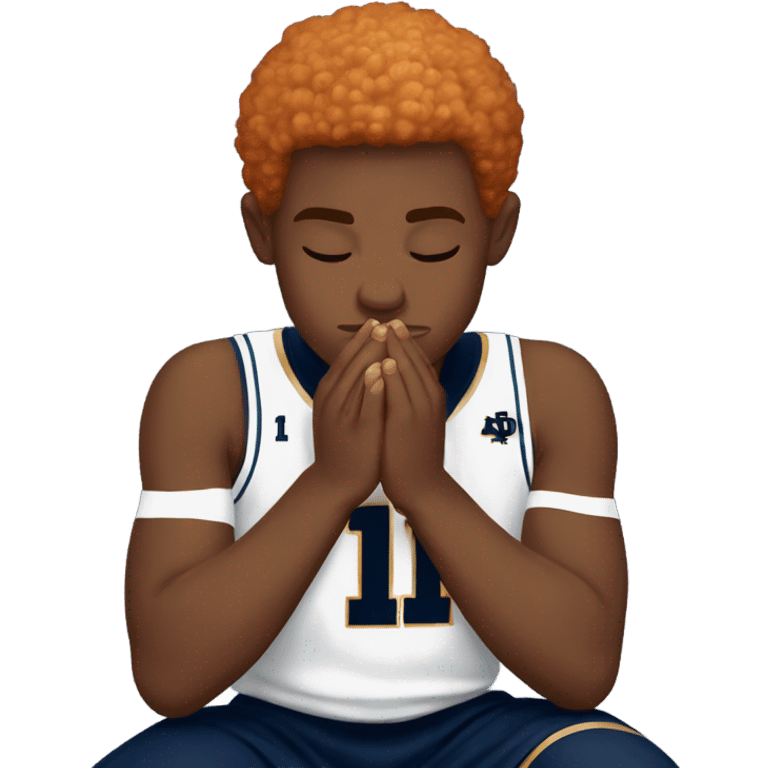 Red headed boy in a basketball jersey praying for a Notre Dame victory emoji