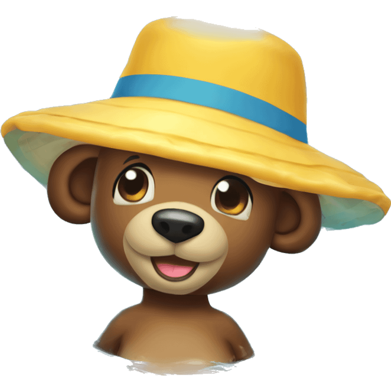 A little and very happu bear who wear a bucket hat swim in inflatable pool emoji