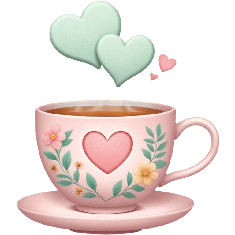 Cute Kawaii Tea Cup, steaming with warmth, soft pastel tones, delicate floral patterns, a tiny heart-shaped tea bag tag, cozy and inviting! emoji