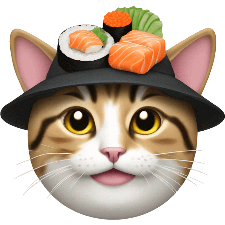 Cat wearing a hat made out of sushi emoji