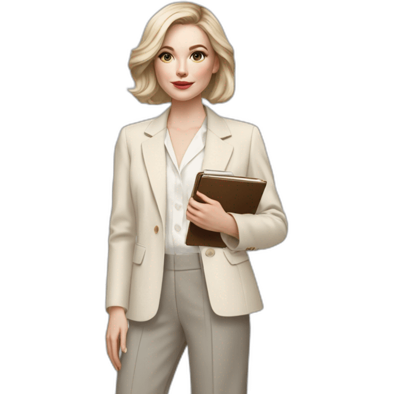 pale skin woman with ash blonde Straightened bob Hair, White Spacious classical jacket, beige palazzo Arrow pants and gray blouse holding a color palette in the hands emoji