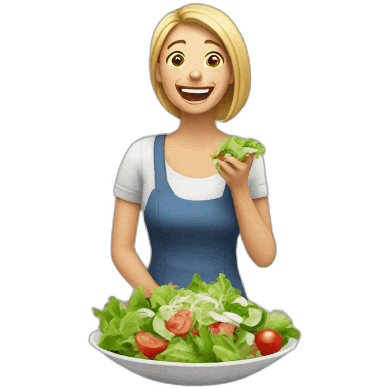 woman eating sallad and laughing emoji