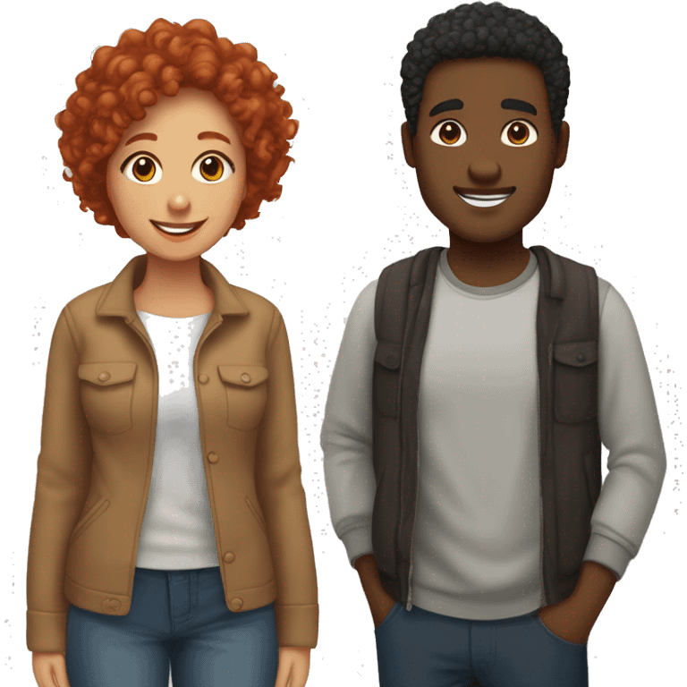 Create an emoji of a couple: a woman with curly red hair and a man with short straight black hair and dark brown skin. Both should be smiling warmly and standing close together, showing affection emoji