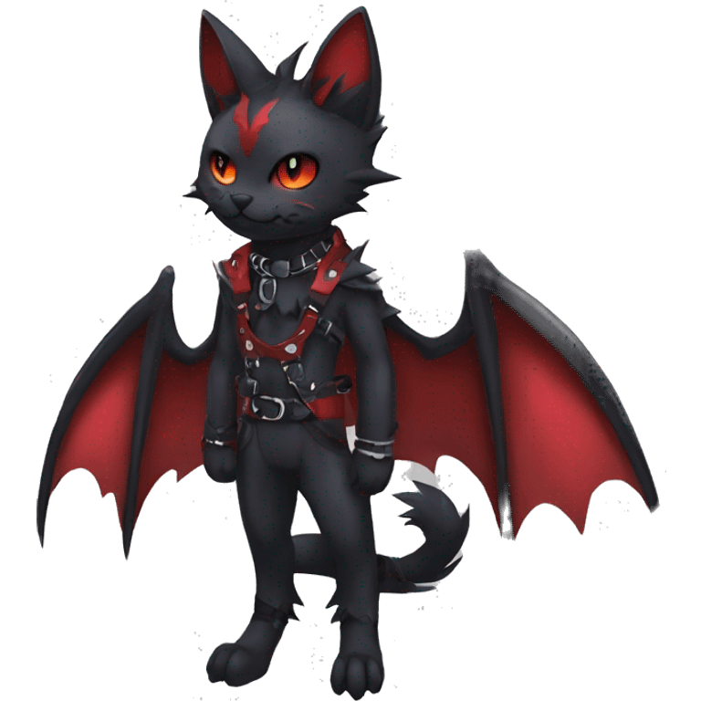 cool edgy black punk red ethereal fantasy nargacuga-bat-cat-Fakemon collar harness full body emoji