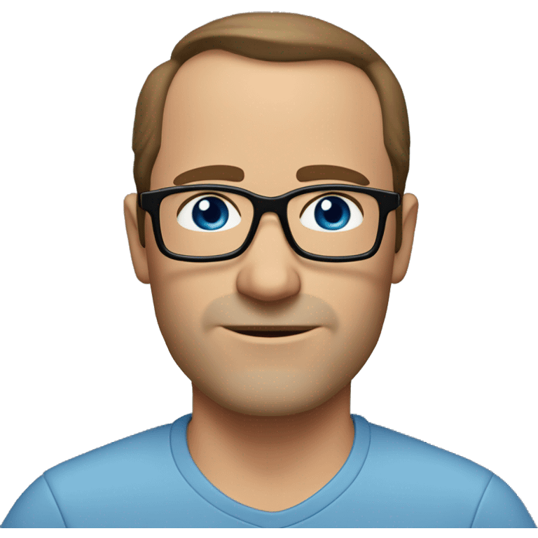 45-year-old man with a slightly round face, brown hair with a small central crest and a slightly receding hairline. He has blue eyes, subtle stubble, and wears a  shirt and round black glasses emoji