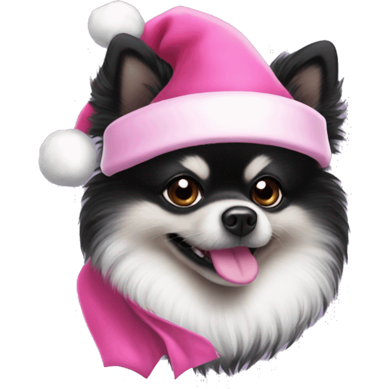 Black Pomeranian with white snout wearing a pink Santa hat emoji