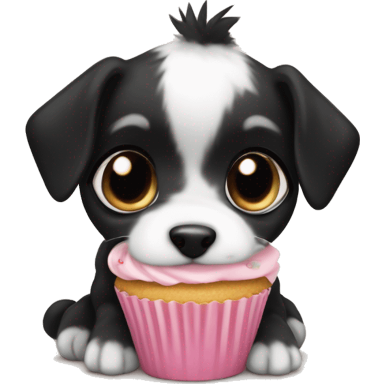 Cute big eyed Black and white teddy Roosevelt terrier puppy (no brown) eating a cupcake emoji