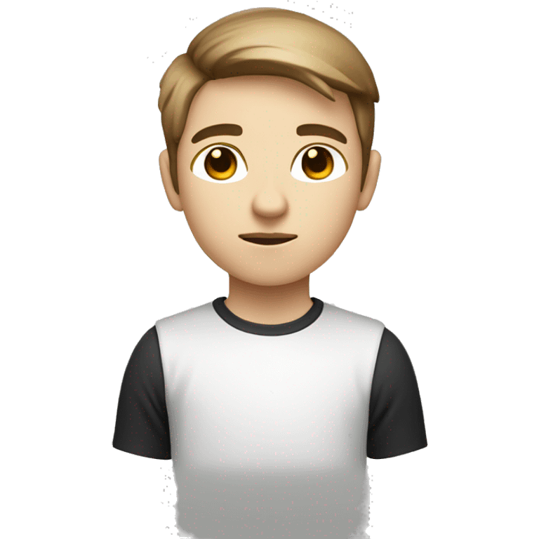 Young programmer boy, with white skin color, straight light brown hair thrown to the right side and with a gradient, dark brown eyes, black  emoji