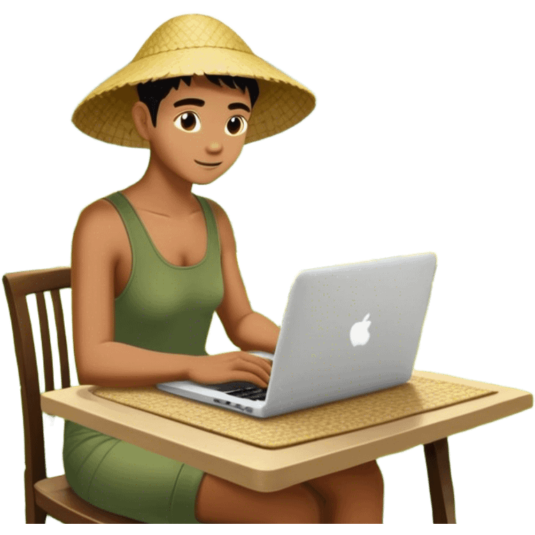 A digital nomad sits at a café in Bali, working on a laptop surrounded by lush green rice terraces and swaying palm trees emoji