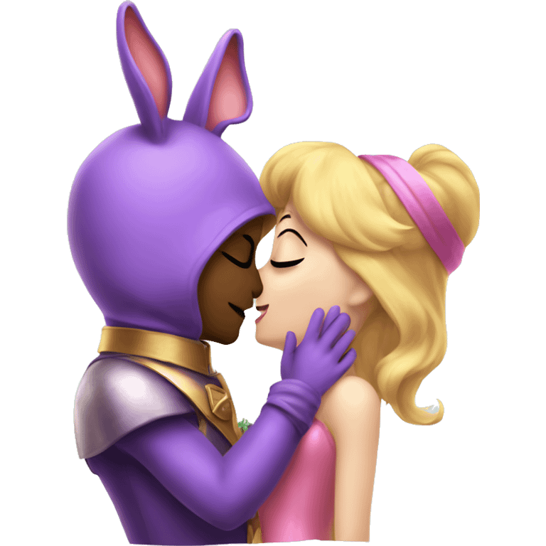 Nabbit the purple theif rabbit boy and Princess Peach kissing each other emoji