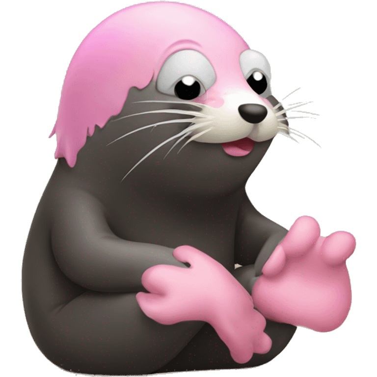 Mole, with pink nose, eyes closed and big pink digging claws emoji