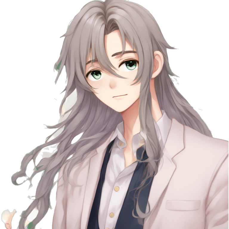 Gorgeous romantic hot attractive anime style modern gentlemanly anime shojo guy with long pretty lustrous hair and colorful eyes and blushing face aesthetic trending style  pastelcore cottagecore kawaiicore emoji