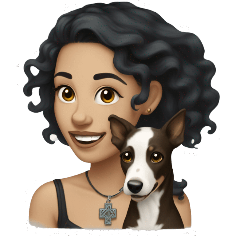 light skin woman with a face tattoo of a small cross near her eye and long wavy black hair expressing joy alongide a white and brown miniature kelpie emoji