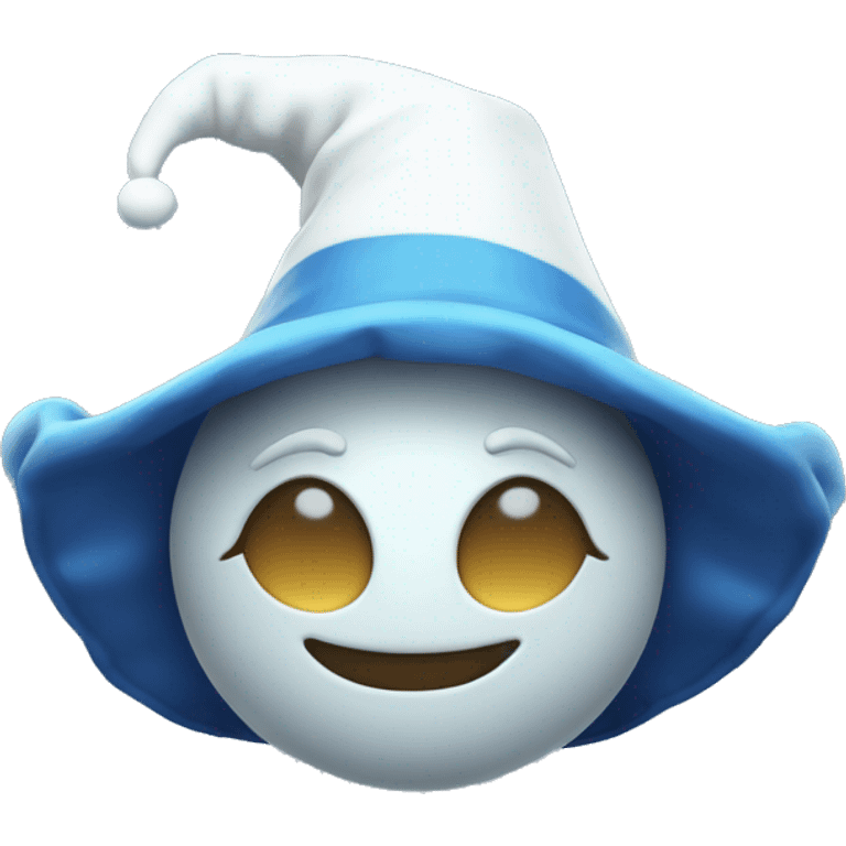 Moondrop a blue and white jester animatronic with a moon-shaped face and a sleeping cap emoji