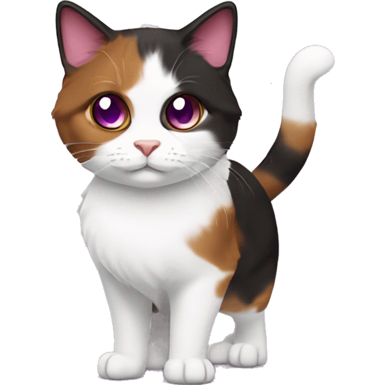 Calico cat with purple eyes and white pupils, dark brown, red, and white color, Munchkin Fluffy cat emoji