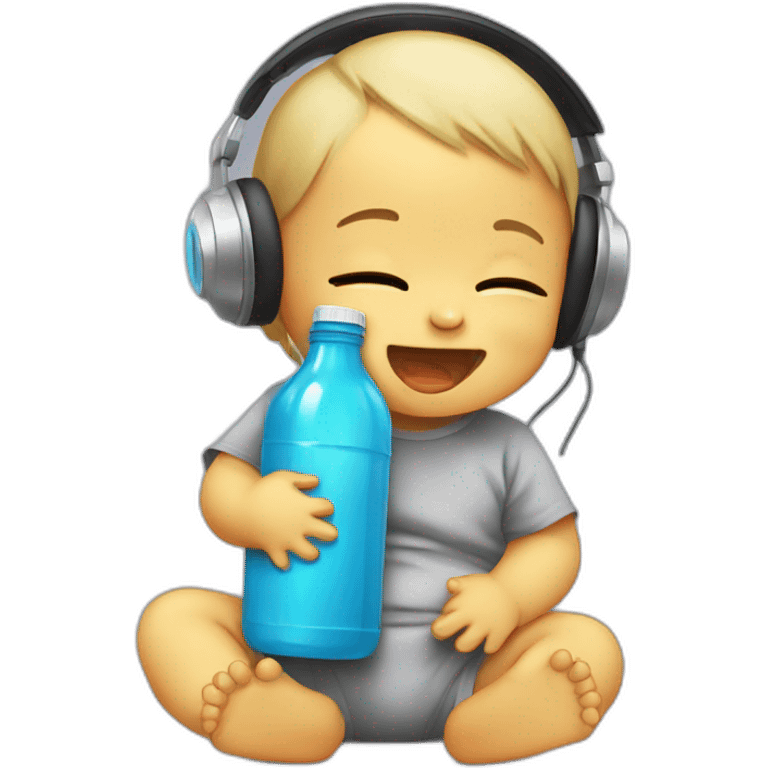 Baby crying with a steel bottle and headphones emoji