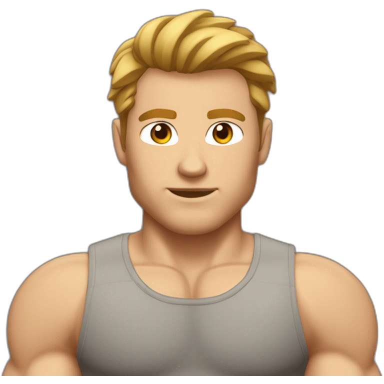 Muscular white man with brown color high volume hair cut wearing gym tshirt emoji