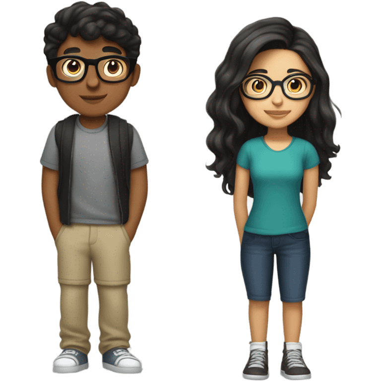 teen couple boy and girl, boy is taller, morenito and of hispanic race. boy has glasses and short black hair . girl has long dark brown hair, and is of hispanic race but has fair light skin and is “guerita”. girl is shorter. they are a couple and are of 15 and 16 years of age emoji