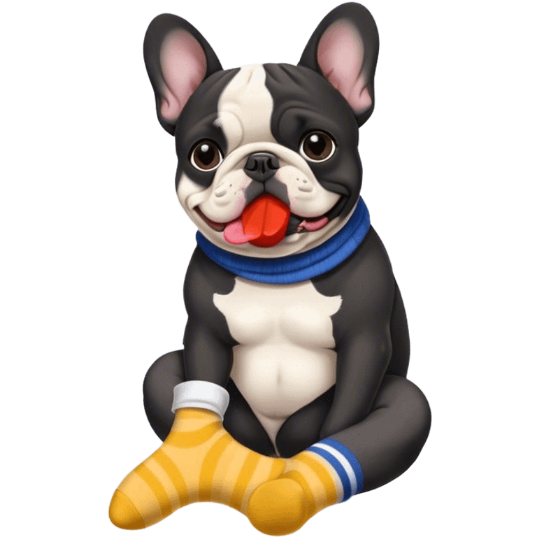 Black and white French bouledogue eating a sock emoji