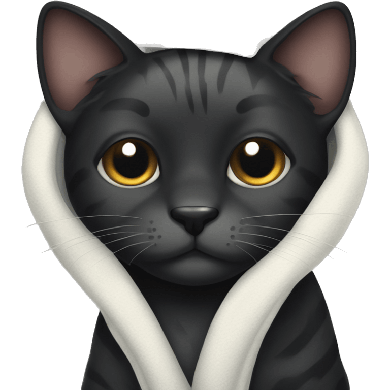 Black tiger cat with white mouth, white neck, with a cozy blanket emoji