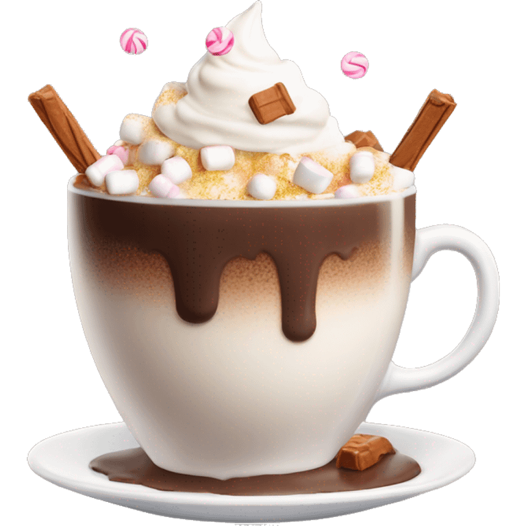 A cup of very hot hot chocolate with marshmallows, whipped cream and small candies on the top emoji