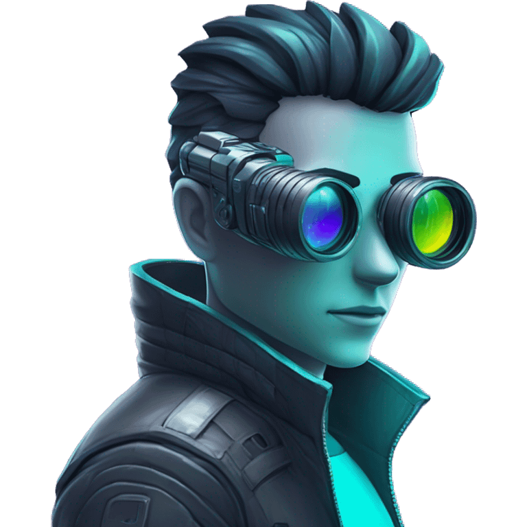 Secret human agent with  cyberpunk elements with a spyglass scanning looking reviewing multicolor lines of code, cyan and purple colors, only upper body portrait emoji