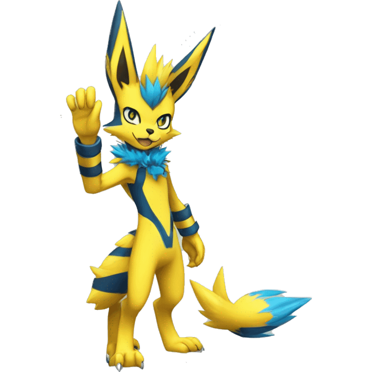 Yellow Anthro Edgy Cool Zeraora-Lucario-Jolteon-Pokémon-Fakémon with shiny blue stripes Full Body Detailed High Quality  emoji