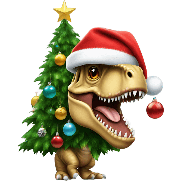 A t-Rex in a Santa hat and baubles on him like a Christmas tree emoji